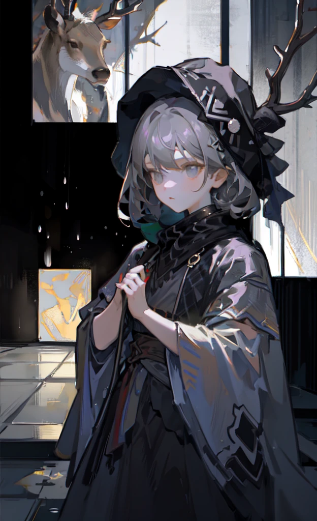 1. ***********，Gray Theme，Abstract Art，No face，Gray short hair，Small ball ponytail，Plaid cloak，Deer hunting hat，Foggy，Various staggered chairs，Black and white diamond floor tiles，rain，Reflection，（（Red crisscross ribbons close up）），The vista is blurred，Small proportion of characters