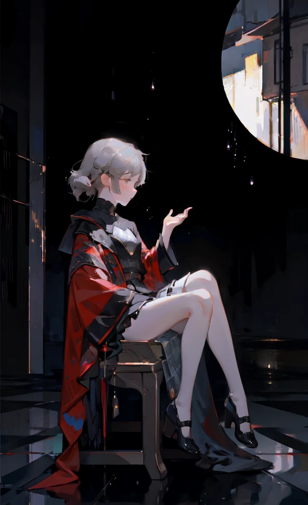 1. ，Gray Theme，Abstract Art，No face，Gray short hair，Small ball ponytail，Plaid cloak，Deer hunting hat，Foggy，Various staggered chairs，Black and white diamond floor tiles，rain，Reflection，（（Red crisscross ribbons close up）），The vista is blurred，Small proportion of characters