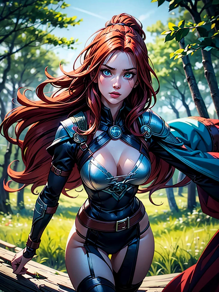 Masterpiece, best quality, brilliant details, cinematic lighting, exciting perspective, young pretty woman, beautiful face, perfect eyes, big firm breasts, perfect proportions, norse type, cameltoe, cinematic pose, red hair, viking warrior, nordic forest,  sultry look, seductive,
