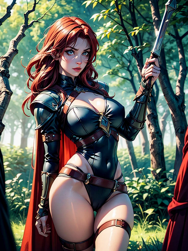 Masterpiece, best quality, brilliant details, cinematic lighting, exciting perspective, young pretty woman, beautiful face, perfect eyes, big firm breasts, perfect proportions, norse type, cameltoe, cinematic pose, red hair, viking warrior, nordic forest, sultry look, seductive,