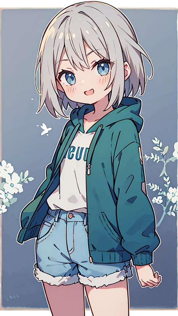 masterpiece、Very detailed、(One Girl:1.2)、Gray Hair、hoodie、Big eyes、Close-up、Laughter、、short hair、Gray shorts、(((Anime Style)))、Shining Eyes、Open your mouth,Blue Eyes、smug face、front、whole body