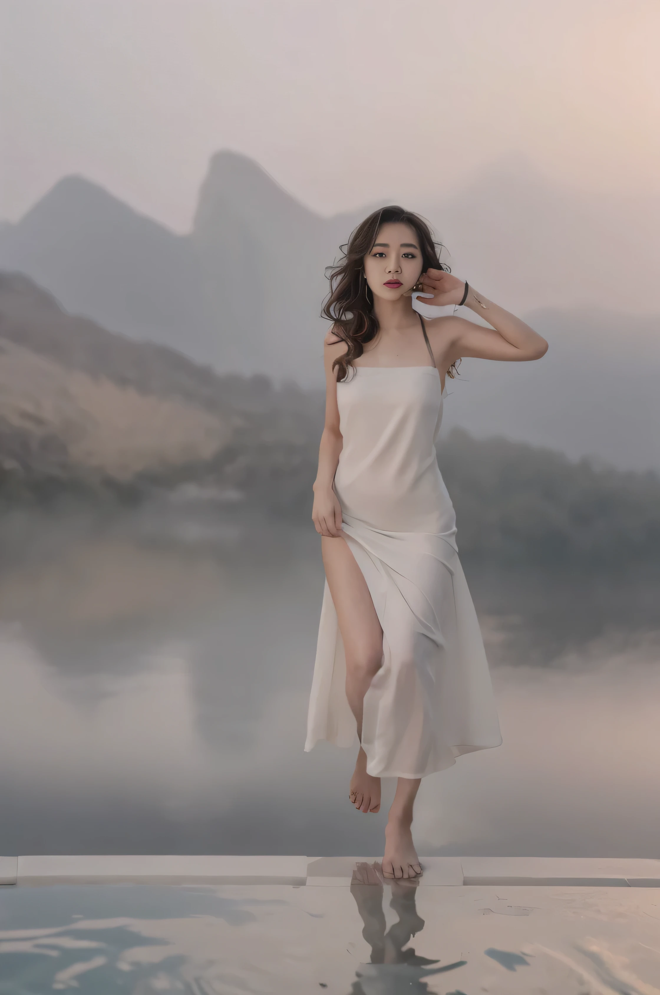 (masterpiece), (best quality:1.4), Ridiculous, [:intricate details:0.2], 1 girl, (naked towel), (fountain, hot spring:1.2), hydrated skin, (FOG:1.2), mist, skin shiny, Glowing skin, (partially submerged in the hot spring:1.2), (wet hair:1.2), mist, wet, moisture,full-body shot