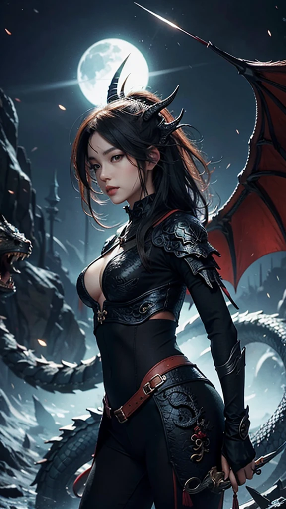 (((masterpiece, best quality, high detailed, 8k))) A breathtakingly beautiful warrior with long, flowing black hair and intense red eyes, wearing a magnificent intricate black dragon armor.