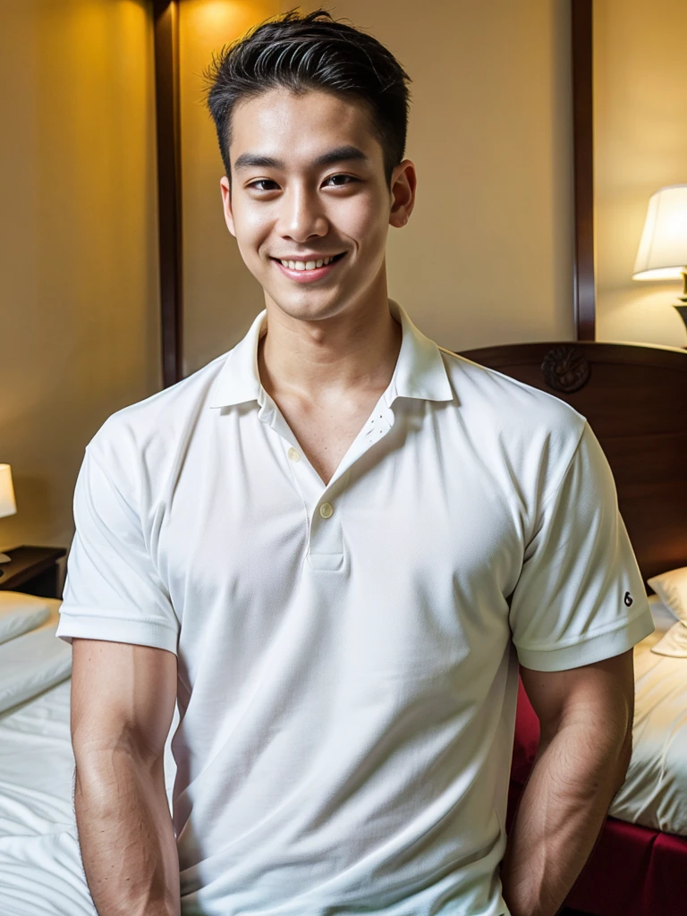 (best quality, 4K, 8K, high resolution, Masterpiece: 1.2), Special details, (realistically, As realistic as a photo, photo realistic: 1.37), Edge lighting, Extra detailed coloring, sharp focus, Physical rendering ,Extremely detailed description,professional,light color,Bokeh,Portrait,look at the viewer,
Young Asian man, 20 years old ,(Wear a white polo shirt.), smile ,Hotel Rooms