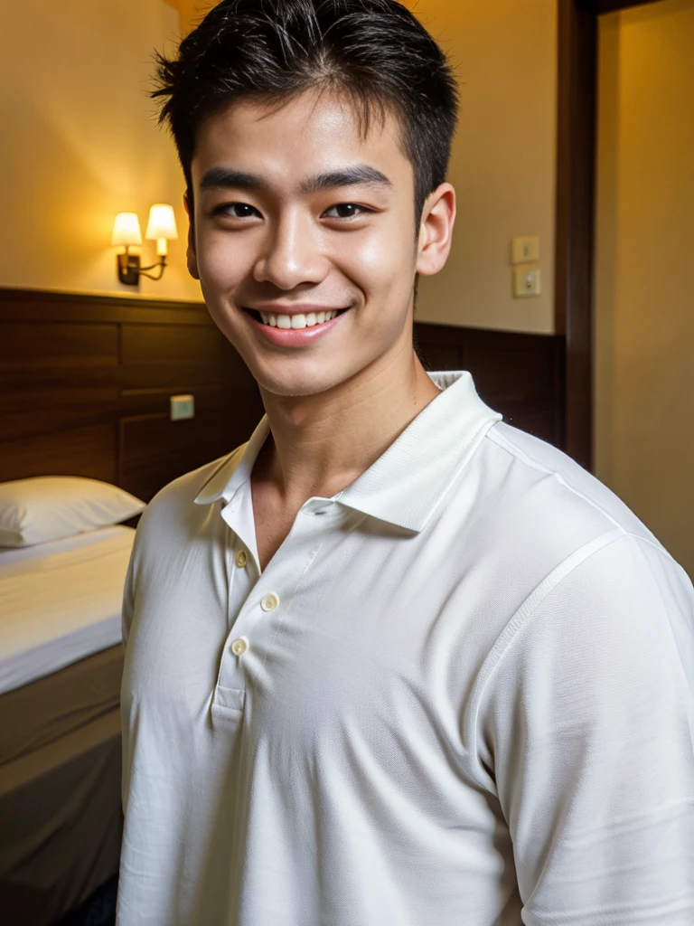 ((Highest quality, 8K, Masterpiece: 1.3))、Thailand Laos Burma Asia, Thai man, A handsome Asian rugby player with short hair, a muscular beard, and big muscles., 1A man who has、 yo、Good appearance、Beautiful nose、smile、 Detailed eyes and face、beautiful light、(studio)、high resolution、(Look at the viewer.)、Fine mouth、smile、whole body: 1.5, perfect shape: 1.3, looking at camera ,Gray button-down shirt , bedroom sunlight looking at the sea