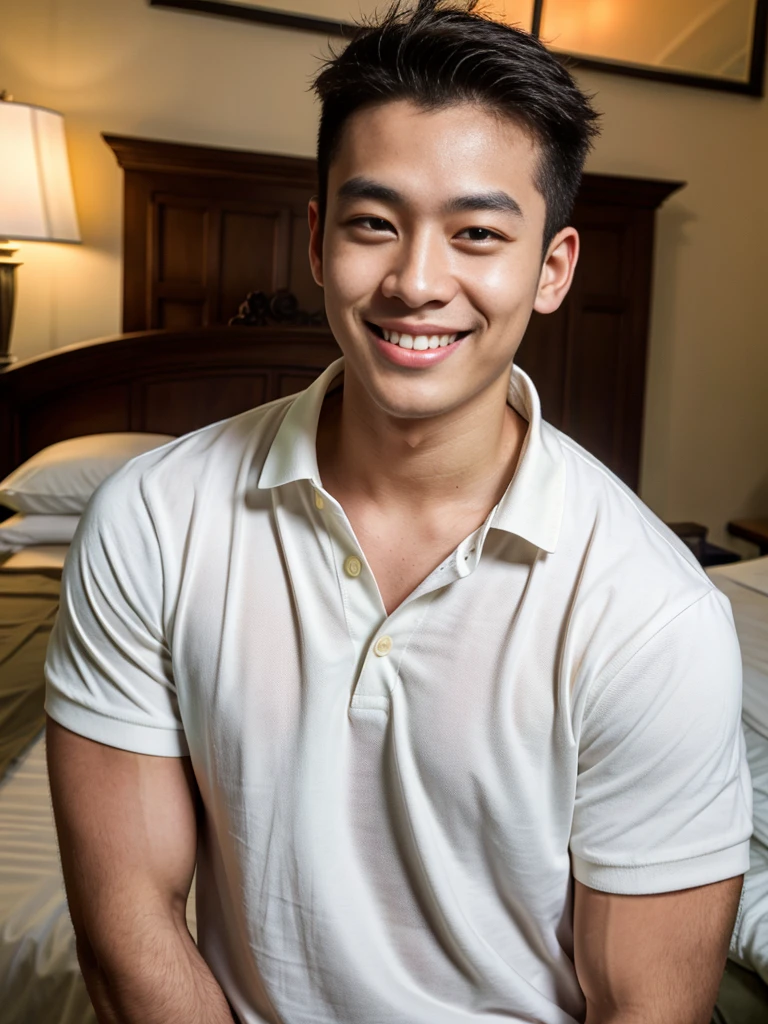 (best quality, 4K, 8K, high resolution, Masterpiece: 1.2), Special details, (realistically, As realistic as a photo, photo realistic: 1.37), Edge lighting, Extra detailed coloring, sharp focus, Physical rendering ,Extremely detailed description,professional,light color,Bokeh,Portrait,look at the viewer,
Young Asian man, 20 years old ,(Wear a white polo shirt.), smile ,Hotel Rooms