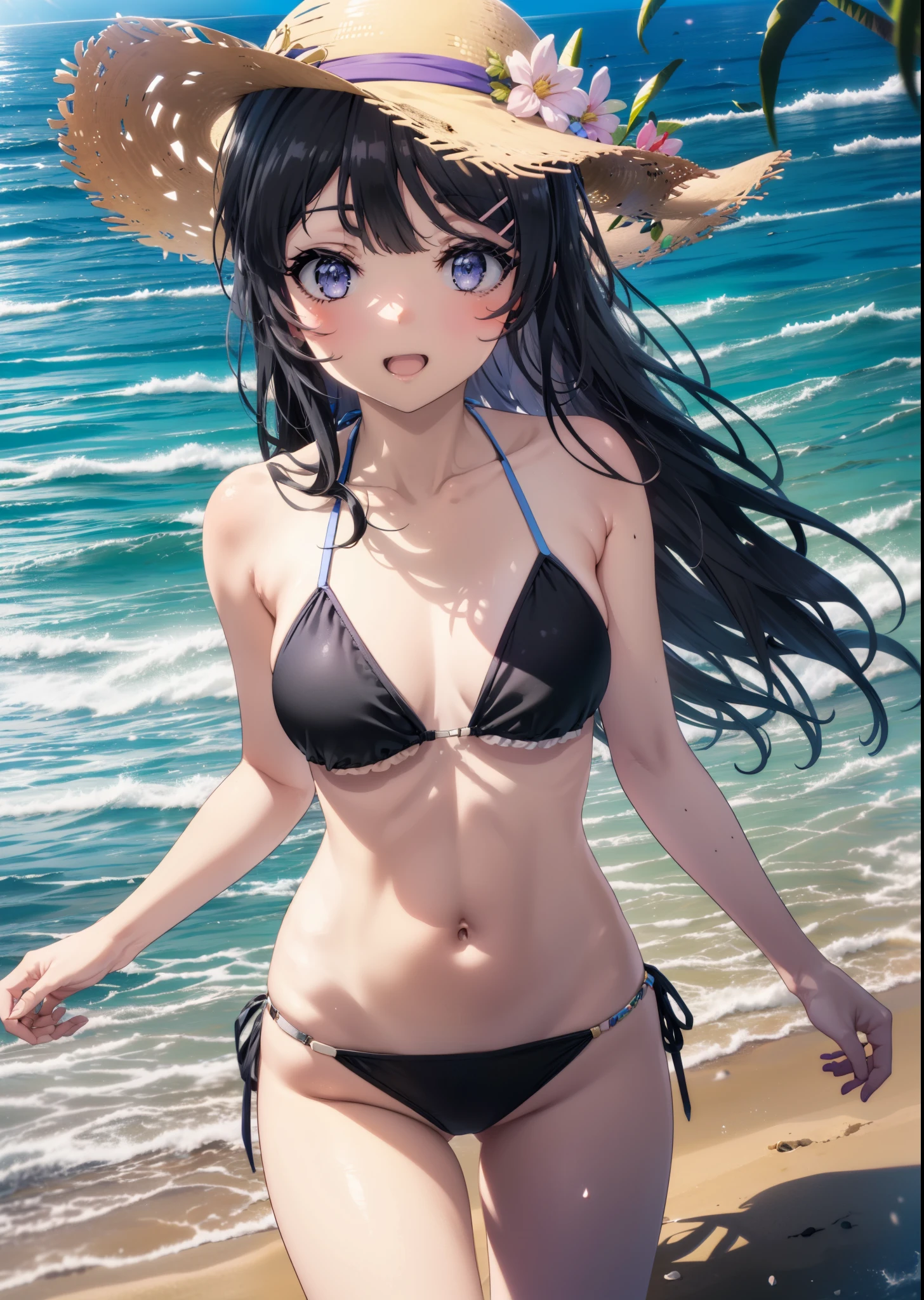 maisakurajima, mai sakurajima, Long Hair, bangs, (Black Hair:1.5), hair ornaments, (Purple eyes:1.1), Black Bikini Swimsuit,barefoot,Straw hat,Walking,True Summer,Strolling on the sandy beach,happy smile, smile, Open your mouth,whole bodyがイラストに入るように,
break outdoors, ビーチ
break looking at viewer,whole body, (Cowboy Shot:1.5),
break (masterpiece:1.2), Highest quality, High resolution, unity 8k wallpaper, (figure:0.8), (Beautiful attention to detail:1.6), Highly detailed face, Perfect lighting, Highly detailed CG, (Perfect hands, Perfect Anatomy),