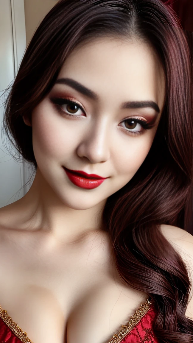 instagram photo, closeup face photo of 23 y.o Chloe in kebaya, Red Lipstick, sensual Lipstick, Sensational Make Up, cleavage, pale skin, (smile:0.4), hard shadows, White G-STRING, bright lighting