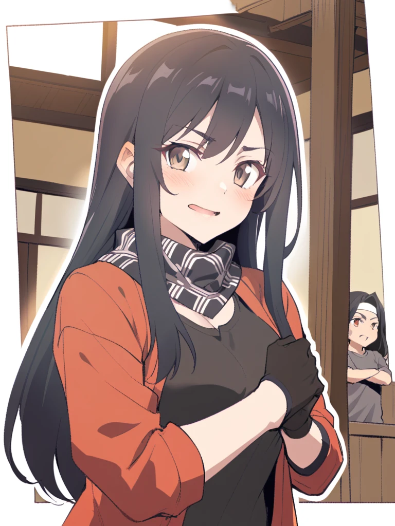 {{Upper part of the body}} {{Artist: sincos}} mature woman, straight hair, long hair, Black hair, light brown eyes, black ninja bandana, red jacket, black fitted t-shirt, Gloves without fingers, bottom: ninja village