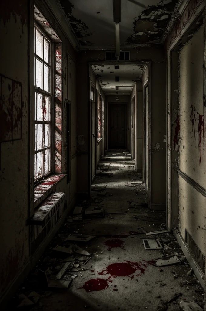 A dark and abandoned mental hospital with dead bodies and blood all over the place