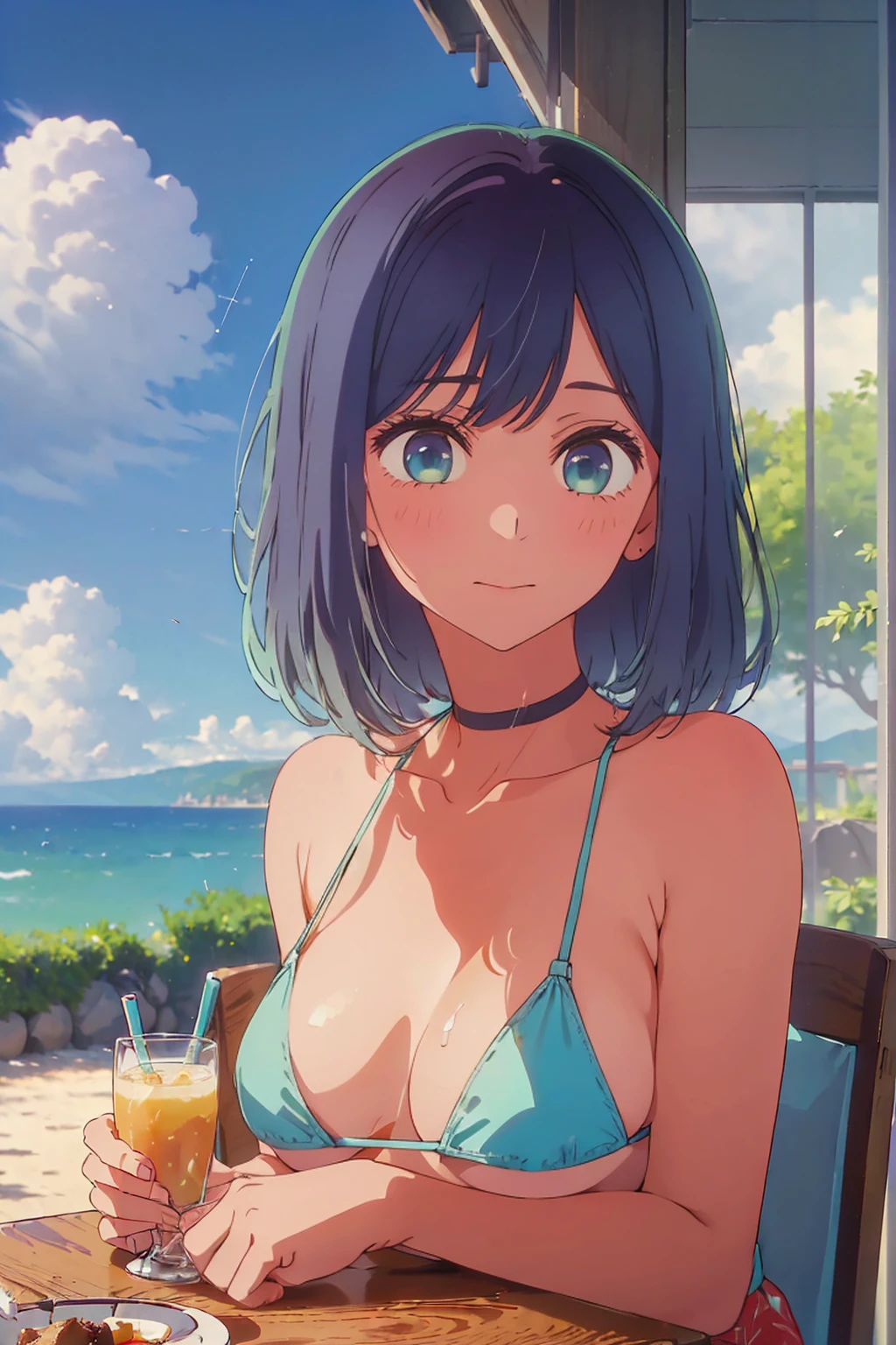 (Highest quality:1.4、masterpiece:1.4、Super detailed:1.4、8K:1.4)、((((1 person、Surprised expression、sit、Cafe Terrace、coastal、juice、table、Sandy Beach、juiceのグラスを持つ、Long Hair、Micro Bikini、Very soft boobs、Leaning forward、Areola、Big eyes、Very cute face))))、F cup bust、Medium breast、Underboob