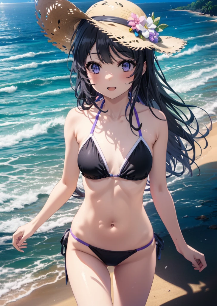 maisakurajima, mai sakurajima, Long Hair, bangs, (Black Hair:1.5), hair ornaments, (Purple eyes:1.1), Black Bikini Swimsuit,barefoot,Straw hat,Walking,True Summer,Strolling on the sandy beach,happy smile, smile, Open your mouth,whole bodyがイラストに入るように,
break outdoors, ビーチ
break looking at viewer,whole body, (Cowboy Shot:1.5),
break (masterpiece:1.2), Highest quality, High resolution, unity 8k wallpaper, (figure:0.8), (Beautiful attention to detail:1.6), Highly detailed face, Perfect lighting, Highly detailed CG, (Perfect hands, Perfect Anatomy),