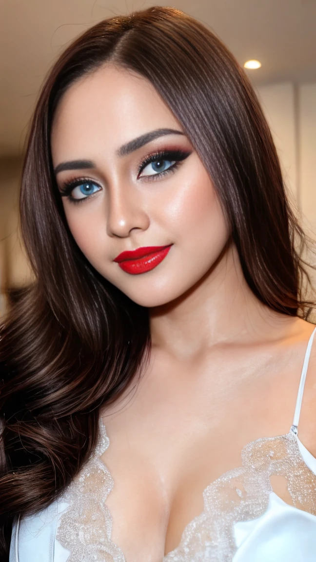 instagram photo, closeup face photo of 23 y.o Chloe in kebaya, blue eyes, white skin, Red Lipstick, sensual Lipstick, Sensational Make Up, cleavage, pale skin, (smile:0.4), hard shadows, White G-STRING, bright lighting