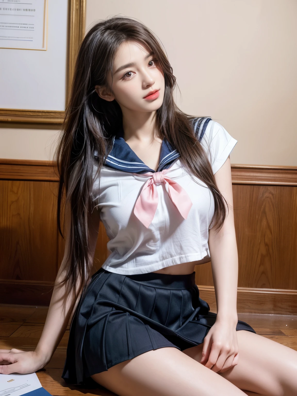 Urzan-6500-v1.1, (RAW Photos:1.2), (Realistic:1.4), Beautiful detailed girl, Highly detailed eyes and face, Beautiful attention to detail, Online Camera,(Spread your legs:1.2)、((Highest quality、8K、masterpiece:1.3))、young woman, 18-year-old, Long purple hair, Wear a sailor uniform, sitting in classroom (School 1.5 in the background) (Serious expression, Cold 1.5) (Highest quality: 1.1) (masterpiece: 1.3) with an unparalleled masterpiece, Surreal 8K, Perfect artwork, Super detailed, Highest quality, masterpiece 4K wallpaper aesthetics, masterpiece, Award-winning works, Official Art, Cinema Lighting、Big Breasts、mini skirt