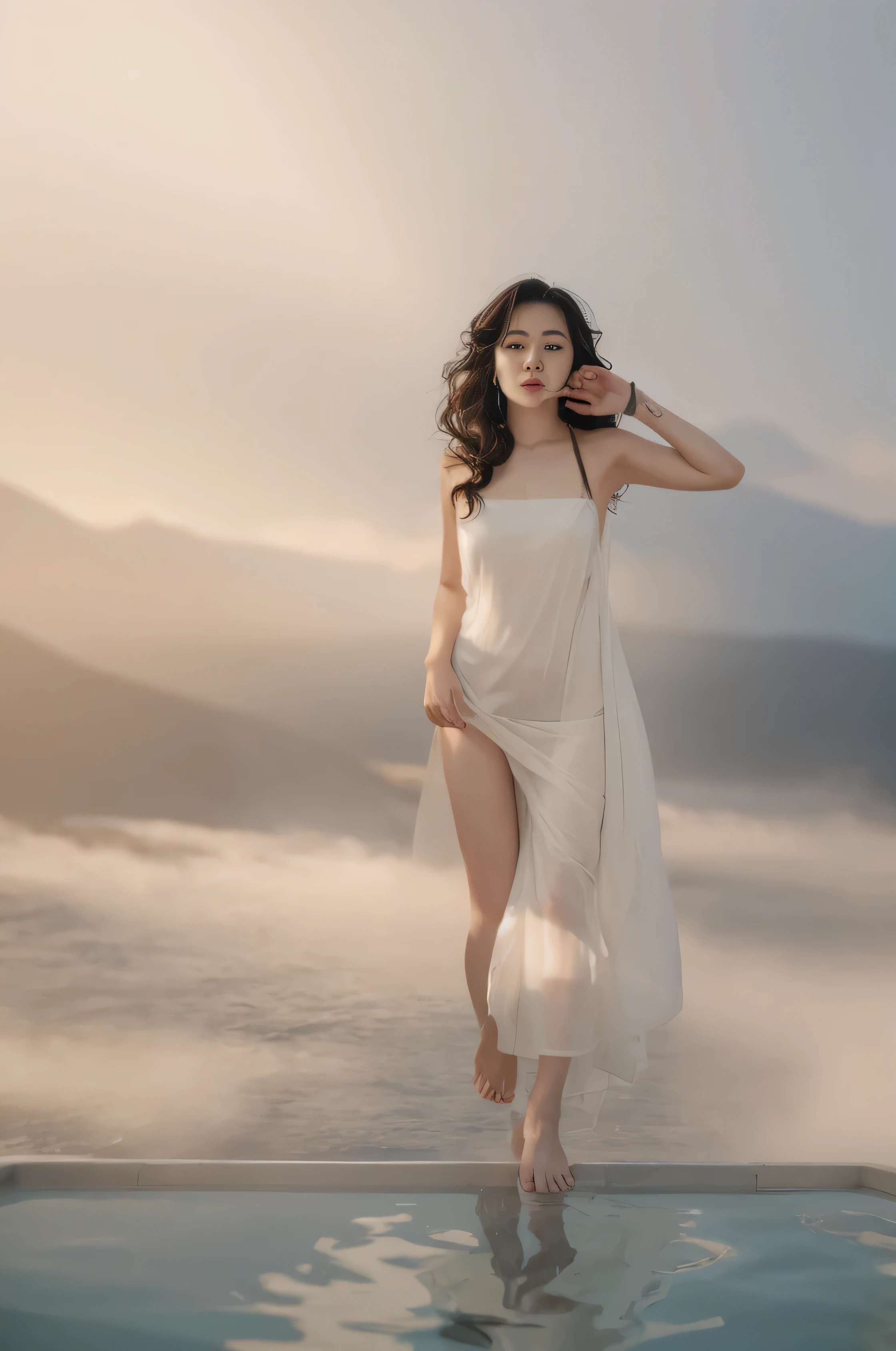 (masterpiece), (best quality:1.4), Ridiculous, [:intricate details:0.2], 1 girl, (naked towel), (fountain, hot spring:1.2), hydrated skin, (FOG:1.2), mist, skin shiny, Glowing skin, (partially submerged in the hot spring:1.2), (wet hair:1.2), mist, wet, moisture,full-body shot