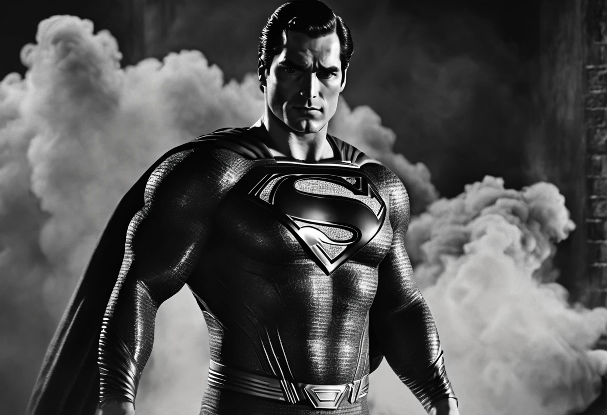 ultra detailed, high resolution, ultra realistic, masterpiece, beautiful, gritty portrait of superman, noir-monochromatic theme, muted colors, 8k definition, digital render, set against a textured background, coming out of smoke, 3/4 shot,