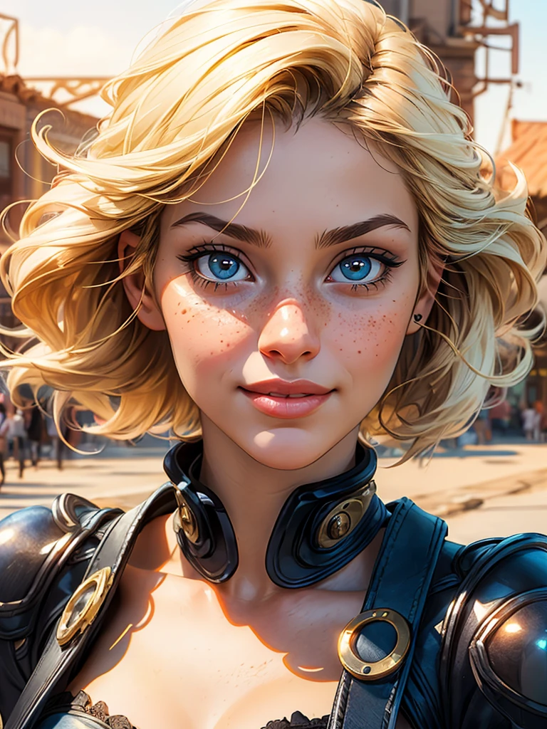Best Quality, Ultra High Definition, (Photorealistic:1.4),Sunset Light, Ponytail, australian Women, Detailed Photo, alluring Smiling, Sexy, Freckles, Facing Camera, Close-up (Masterpiece: 1.3), (8K, Photorealistic, Best Quality: 1.4), (1girl), Beautiful Face, (Realistic Face), (Blonde Hair, Short Hair: 1.3), Beautiful Hairstyle, Realistic eyes, beautiful detail eyes, (realistic skin), beautiful skin, absurd, attractive, ultra high resolution, ultra realistic, high definition, golden ratio, (small breasts: 1.2), (posing with group), (steampunk dress and accessories)., sultry look, seductive,