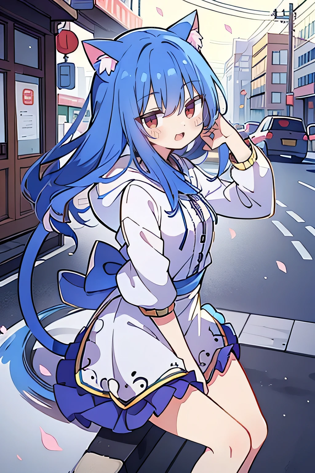 （masterpiece：1.2），Super detailed，lifelike，Expressive eyes，fair skin，perfect face shape，1 girl，
Japanese comics,Gorgeous blue hair,flowing blue hair,flowing clothes,Cat ears,Petals fall,beautiful lola,Baby Angel,
Shaking head with one hand，Cross your legs，smile, wearing hoodie,snowing，City streets。