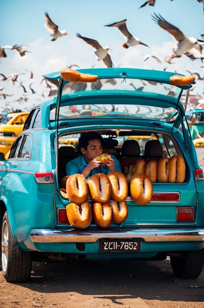 A car eating a hot dog, in a place full of birds.