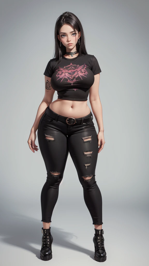 blank background, (((full body))), (masterpiece), ((best quality)), ((tall girl)), straight hair (curvy:1.5), (punk girl), shoes, belt below navel, black hair, wide hips, (black jeans), (short sleeves), arm tattoo