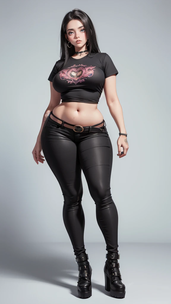 blank background, (((full body))), (masterpiece), ((best quality)), ((tall girl)), straight hair (curvy:1.5), (punk girl), shoes, belt below navel, black hair, wide hips, (black jeans), (short sleeves), arm tattoo