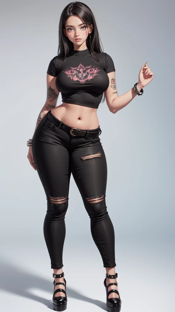 blank background, (((full body))), (masterpiece), ((best quality)), ((tall girl)), straight hair (curvy:1.5), (punk girl), shoes, belt below navel, black hair, wide hips, (black jeans), (short sleeves), arm tattoo