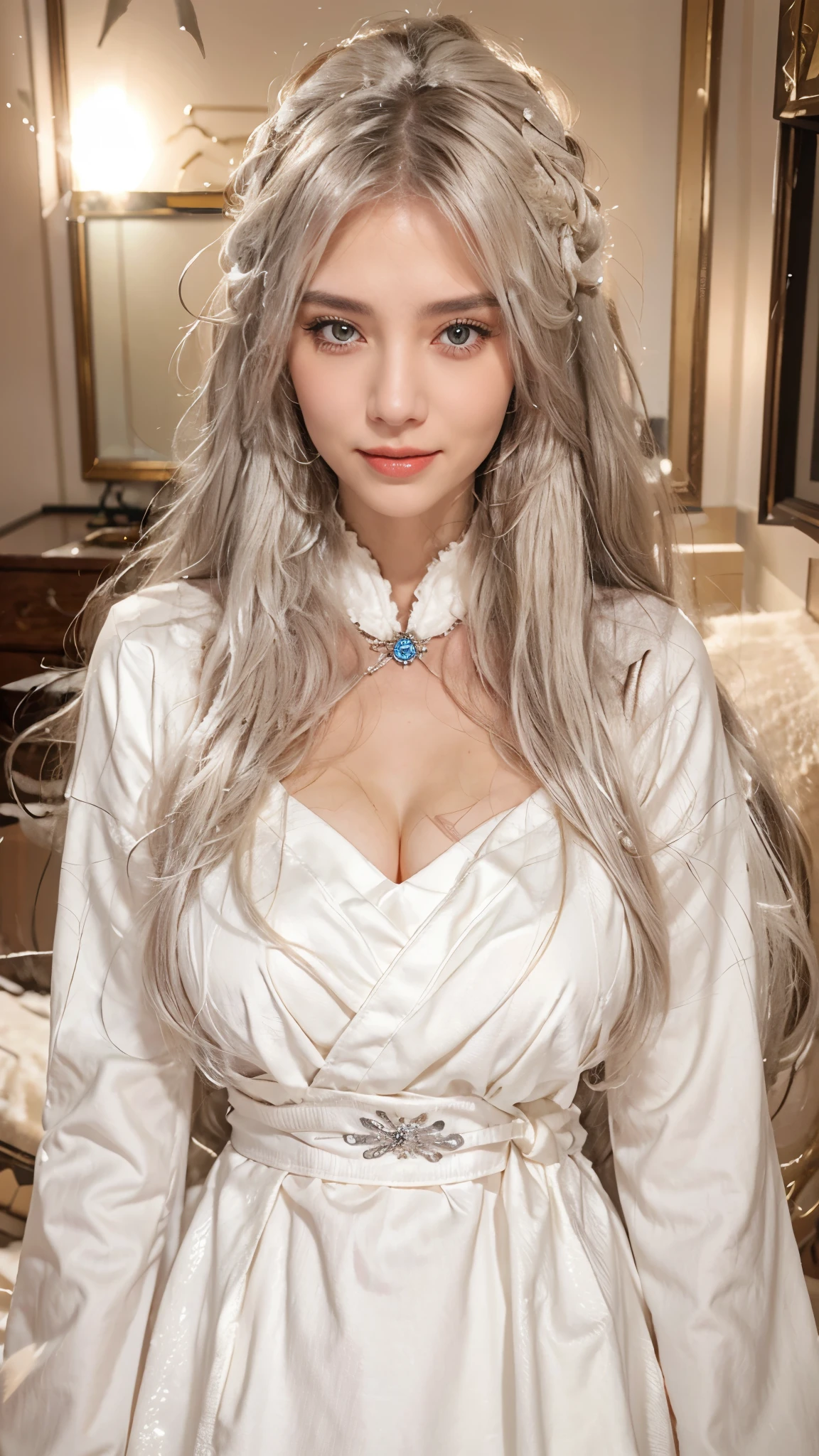 a beautiful detailed woman with long white hair, snowy hair, medium breasts, looking at the viewer, (detailed face), high resolution, photorealistic, Taoist, beautiful smile, open mouth