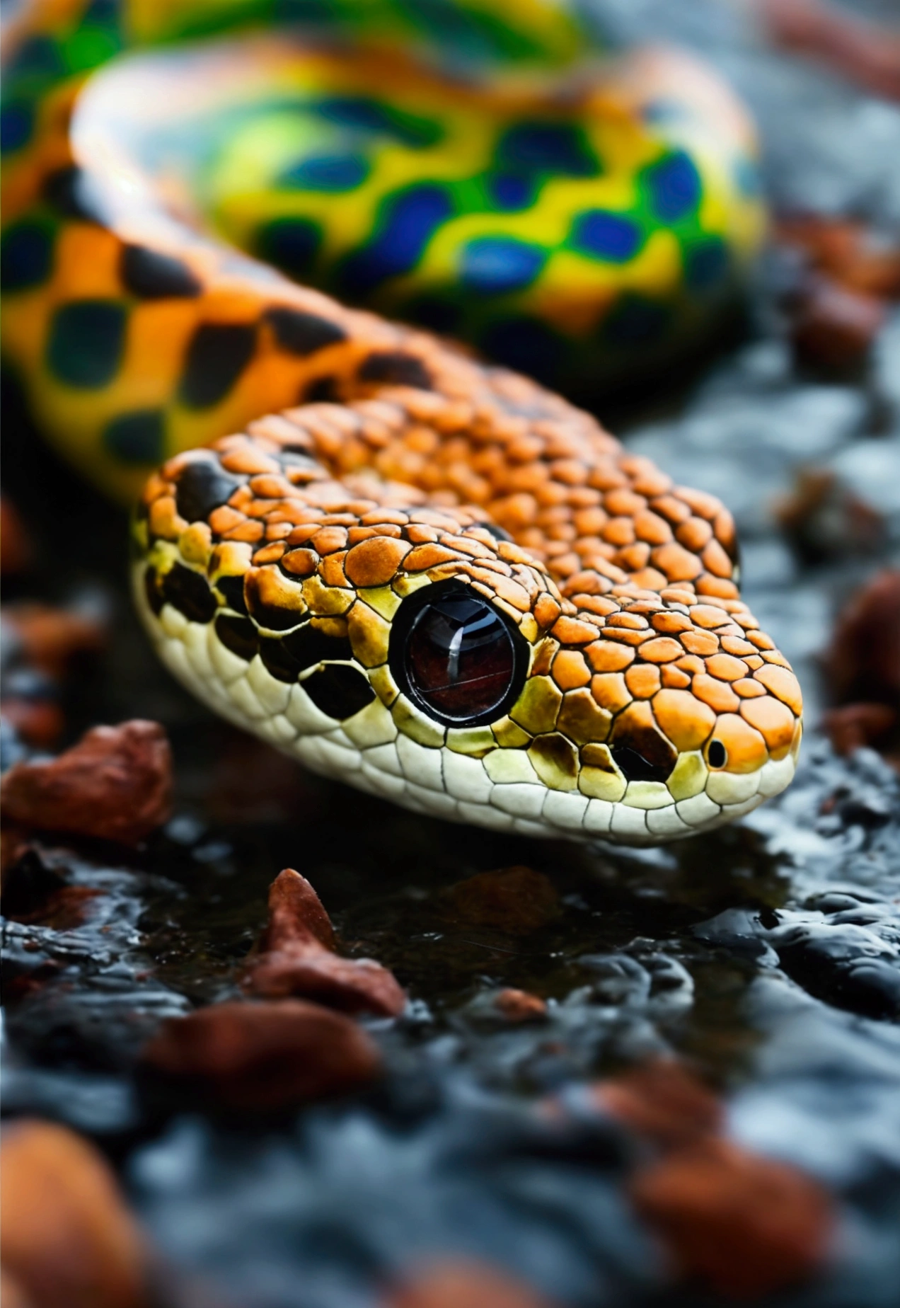 A stunning hyper-realistic and ultra-detailed ultra-HD artwork featuring a mesmerizing rainbow-colored snake. The snake, glowing withvibrant neon hues, emerges from the depths of the dark, rain-soaked ground. The 3D perspective and illusions of depth and dimensionality create a captivating scene. Water droplets accentuate the snake's surface, adding to the overall dramatic effect of this cinematic, rainy night., photo, cinematic