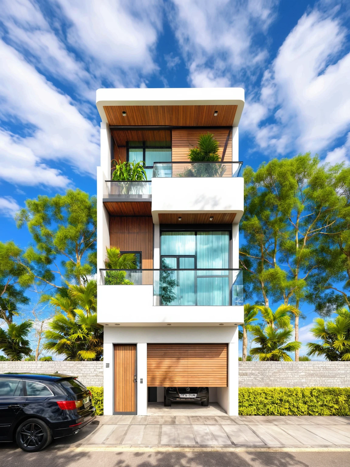 Masterpiece, high quality, best quality, authentic, super detail, outdoors, house style modern,bietthuhn, white wall, glass windows, gate road,pavement, grass, trees,blue sky, cloud, (day:1.1), realistic lighting