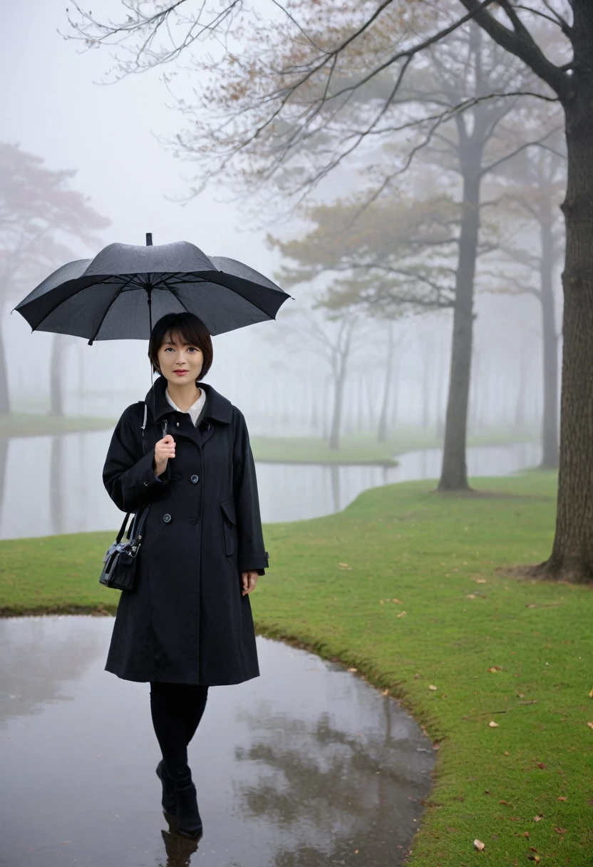masterpiece, best quality,rain, in the rain, 1 short woman, 36 year old Korean Japanese woman, usually short hair, thick foggy park, looking at viewer, black coat, Full body shot with Canon camera 16-35 wide angle lens, I see a foggy lake