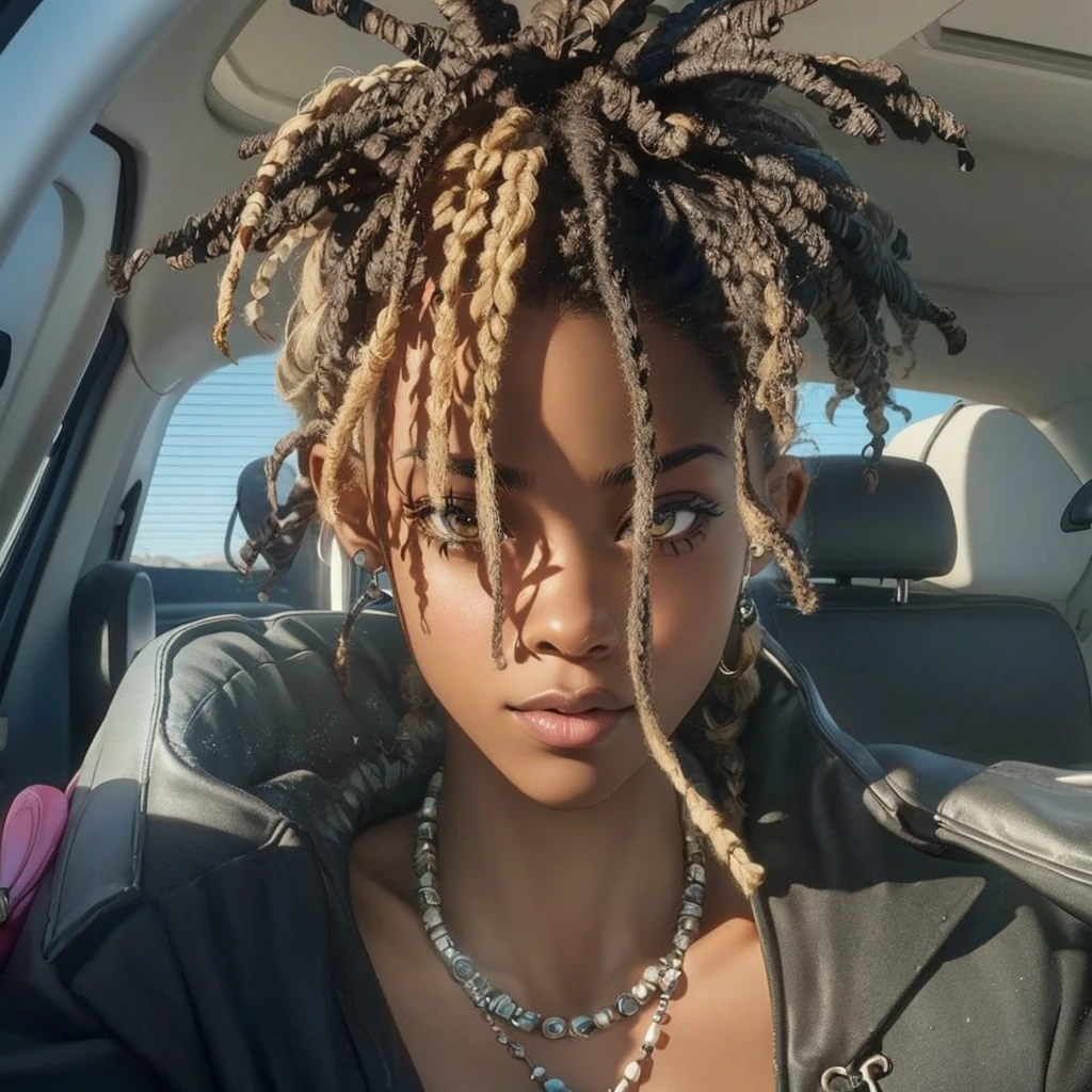 (masterpiece:1.2), (best quality), (ultra detailed), (8k, 4k, intricate),(full-body-shot:1), (highly detailed:1.2),(detailed background:1.2), araffe black woman with dreads smoking a cigarette in a car, willow smith young, short dreadlocks with beads, portrait willow smith, lots of dreadlocks on the head, portrait of willow smith, dreads, dreadlock black hair, red afro dreadlocks on fire, dreadlock hair, willow smith zendaya, dreadlocks, long dreadlocks, in style of tyler mitchell