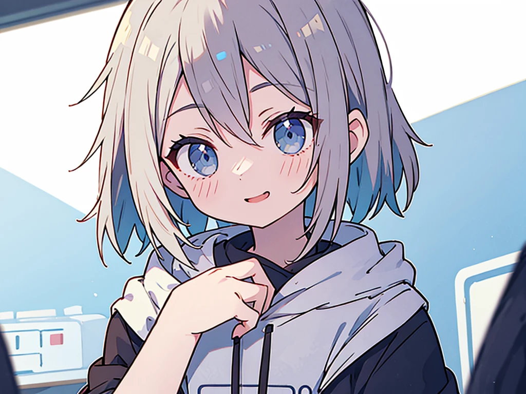 ((highest quality、High resolution、ultra detailed face, 8K、masterpiece:1.8))、dynamic angle、full body view、wallpaper、1 girl、unparalleled beauty、ultimate beauty、super detailed face、delicate eyes、blue eyes, loving smile、sexy look、shirtlift tease, looking at the camera、Depth of bounds written、light particles、side light、ponytail、silver hair、white hoodie、black shortskirt, cropped hoodie underboob, Exposed underboob, huge breasts, white stockings, Sneakers、slim、slender、Street park ,