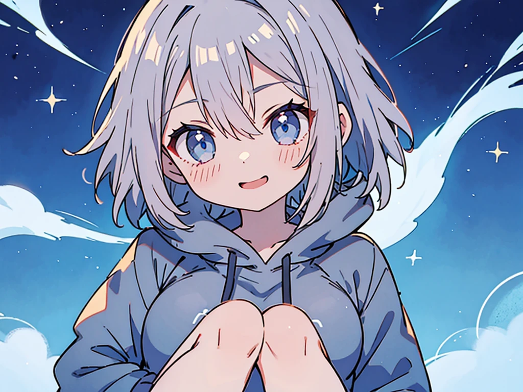 masterpiece、Very detailed、(One Girl:1.2)、Gray Hair、hoodie、Big eyes、Close-up、Laughter、、short hair、Gray shorts、(((Anime Style)))、Shining Eyes、Open your mouth,Blue Eyes、smug face、front、whole body