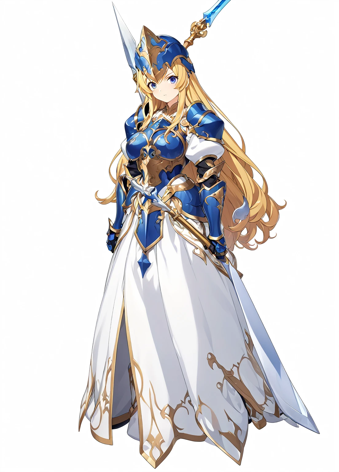 Highest quality, high resolution, High quality game art style, whole body,Valkyrie,Official Art, Smooth game CG art,Cute 3D anime girl render, Visual Novel Sprites, White background,Smooth game CG art, (((Woman with a long spear))),A woman wearing a white dress and blue armor, An intricately designed helmet with white feathers,Small shield, (((Has an exquisite long spear))),Exquisite Blue Armor,Golden Hair, long hair, female knight, Rin々Shii,Large Bust,17 years old,