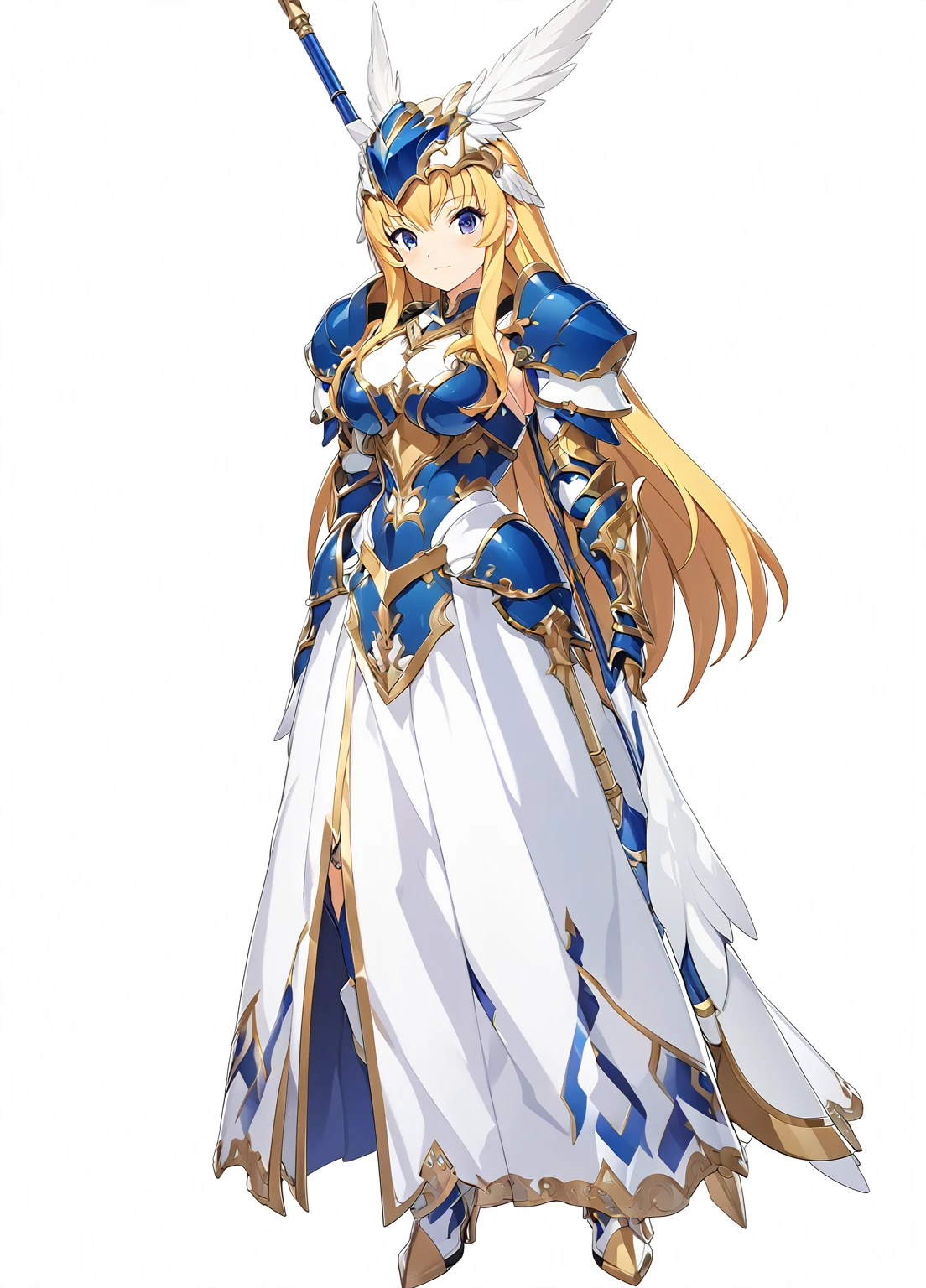 Highest quality, high resolution, High quality game art style, whole body,Valkyrie,Official Art, Smooth game CG art,Cute 3D anime girl render, Visual Novel Sprites, White background,Smooth game CG art, (((Woman with a long spear))),A woman wearing a white dress and blue armor, An intricately designed helmet with white feathers,Small shield, (((Has an exquisite long spear))),Exquisite Blue Armor,Golden Hair, long hair, female knight, Rin々Shii,Large Bust,17 years old,