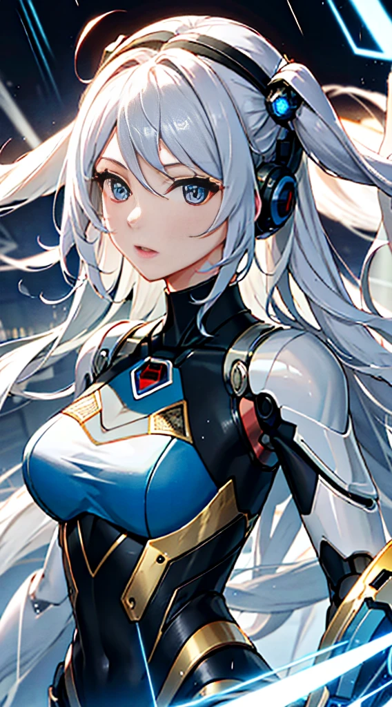 Jay super details, High Detail, high quality, best quality, High resolution，1 female robot，Beautiful female robot,beautiful clear face(Rain waves_haneame：1.5), high tech，combat weapons，