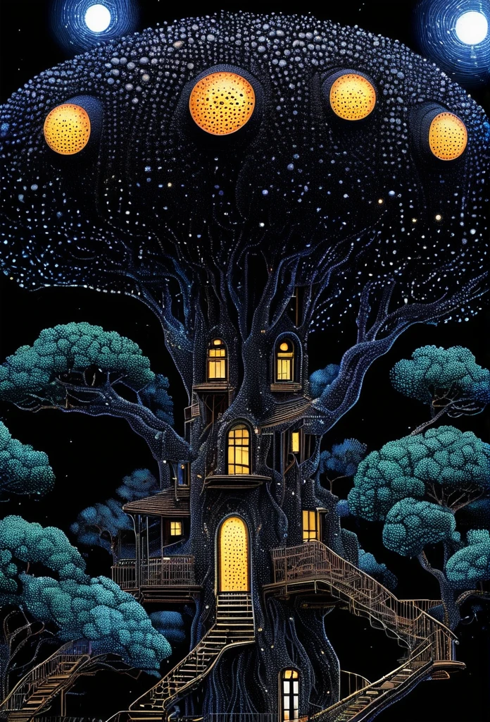 Strange illustration,Pointillism method,Trypophobia,Building on tree tops,Eye,unrealistic,Strong visual impact,black background,Star