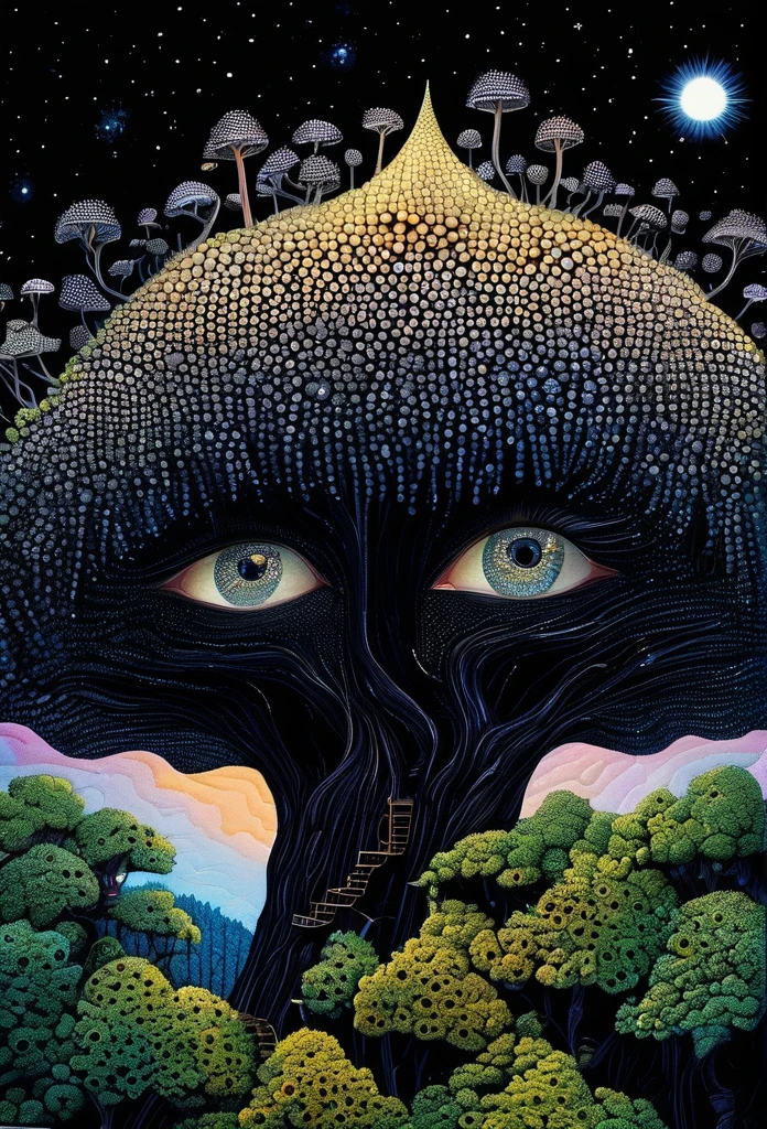Strange illustration,Pointillism method,Trypophobia,Building on tree tops,Eye,unrealistic,Strong visual impact,black background,Star