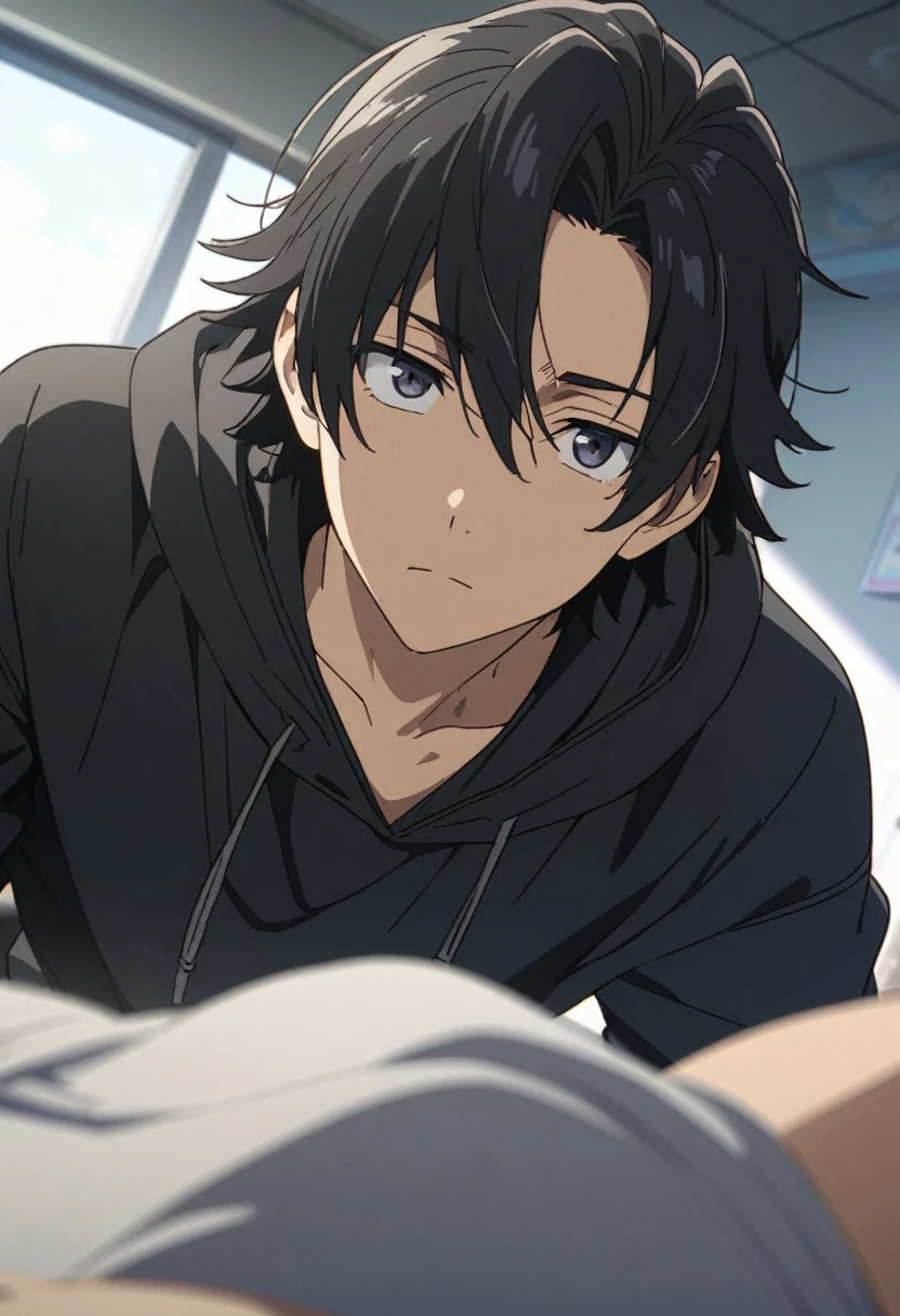 A highschool boy, handsome, perfect body, black hair, short hair, mullet, black eyes, upturned eyes, expressionless, black hoodies, anime, first-person view, masterpiece, anatomically correct, high details, highres, best quality, super detail