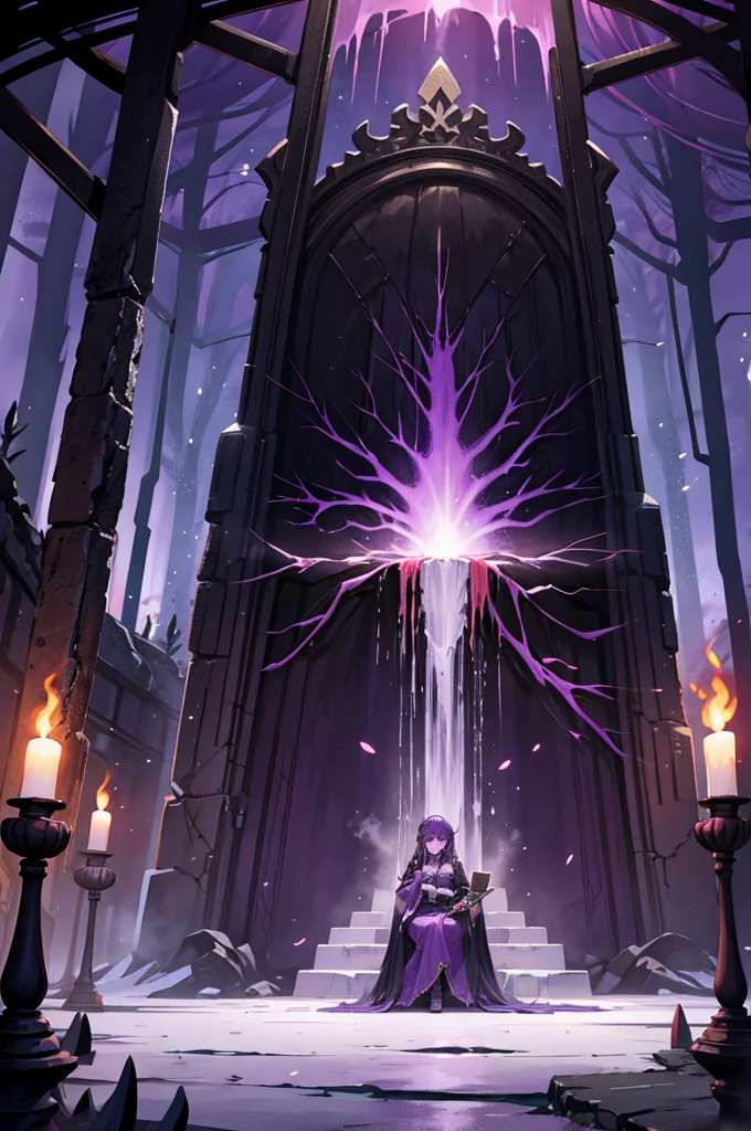 purple mist, blood waterfalls, flaming torches, throne of skulls, no people, elden riing