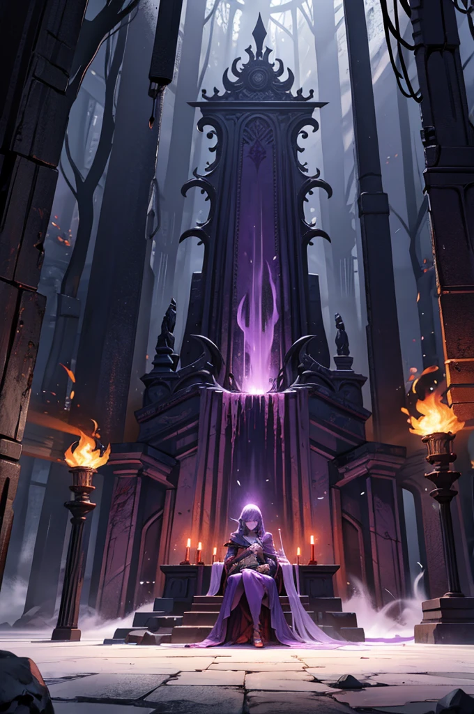 purple mist, blood waterfalls, flaming torches, throne of skulls, no people, elden riing