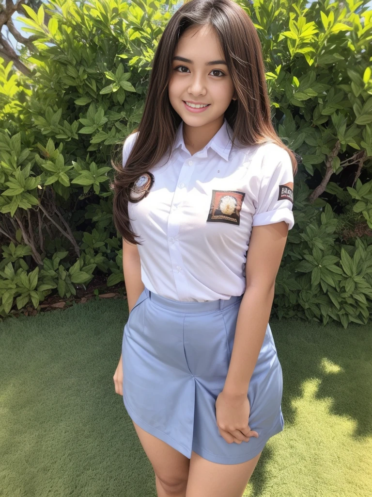 Girl, solo, 19 years old, (Indonesian_high_school_uniform), standing, outdoors, detailed face, detailed eyes, (seductive smile:1.1)thick breasts, shiny skin, tight white shirt, grey blue short skirt, looking at the audience, low angle shot, hands on the back, (8k, RAW photo, best quality, masterpiece: 1.2), (realistic, realistic: 1.37), ultra-high resolution