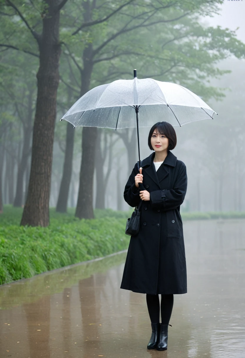 masterpiece, best quality,rain, in the rain, light umbrella, 1 short woman, 36 year old Korean Japanese woman, usually short hair, thick foggy park, looking at viewer, black coat, Full body shot with Canon camera 16-35 wide angle lens, I see a foggy lake