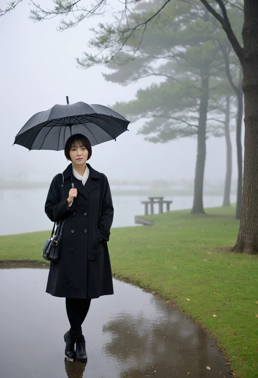 masterpiece, best quality,rain, in the rain, light umbrella, 1 short woman, 36 year old Korean Japanese woman, usually short hair, thick foggy park, looking at viewer, black coat, Full body shot with Canon camera 16-35 wide angle lens, I see a foggy lake