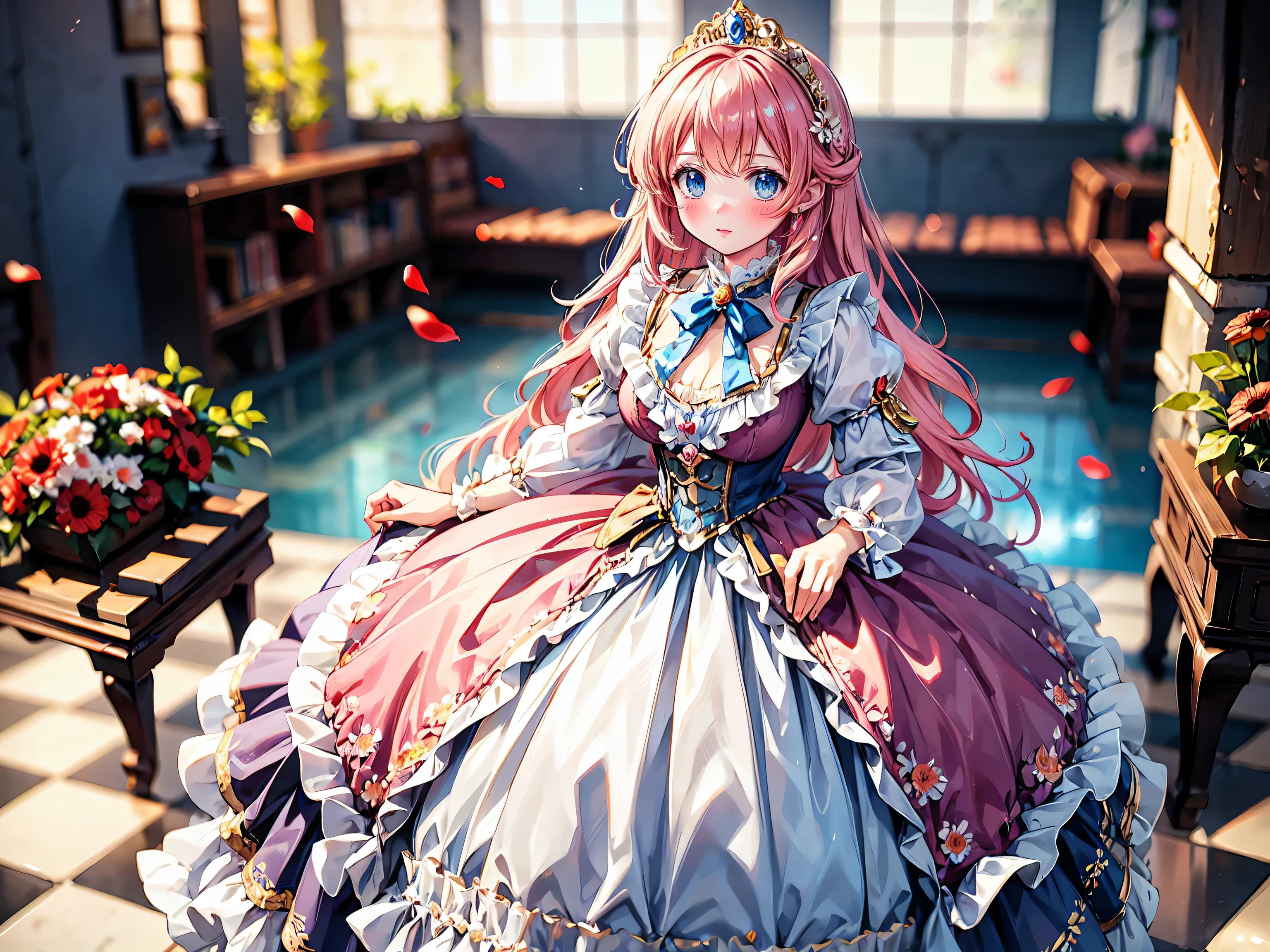 anime moe art style, (Masterpiece, ultra detailed, top quality), (((young face solo princess))), (dress topaz dress), (((ultra gorgeous rococo victorian gown with voluminous hoopskirt and long hems, princess style skirt, gown ultra elaborate gown:1.2))), ((huge breasts)), breasts cleavage, (hair pink hair), (fluffy long ponytail), Expressive very voluminous hair, super delicate face, (hyper detail delicate beautiful eyes blue eyes), ((leaning forward, looking up, from above, front view)), (((So lot's of gerbera hybrids))), (((blurry background:1.5))),