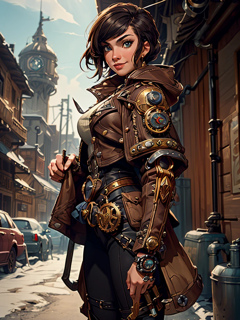 ((highest quality, 8k, masterpiece :1.3)), One girl, smile, (((Woman warrior:1.2, Detailed Weapons, Combat Uniform))), (((steampunk))), city, Crowded buildings, exposed gear and pipes, gear, (Thick Pipe), Covered Bridge, Gloomy Weather, chimney, Awkward mechanical device, irregular buildings,., sultry look, seductive,