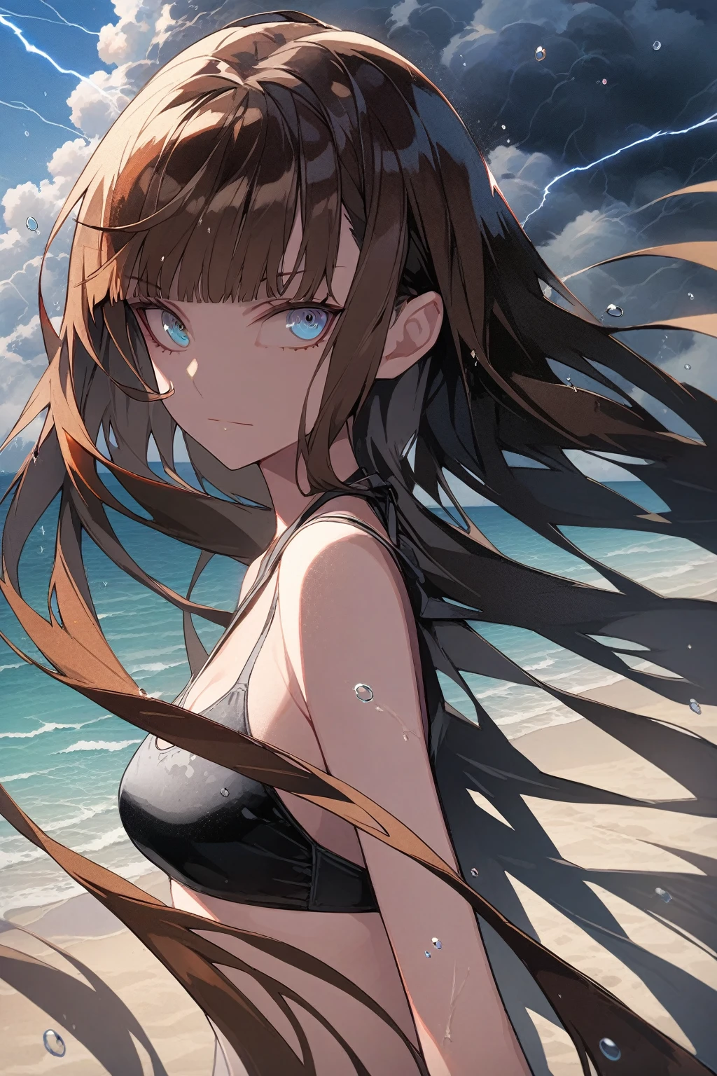 1 girl, blue eyes, brown hair, long hair with bangs, flowing hair, dressed in a black bikini, dark, neckline, medium chest, large hips, wet body, on the beach, sand, horizon, sea, water droplets, water splashes, tornado, clouds, cloudy, thunderstorm, rain, lightning in the sky, looking at the viewer, serious look, no smile, detailed, beautiful, gentle tones, close, upper body