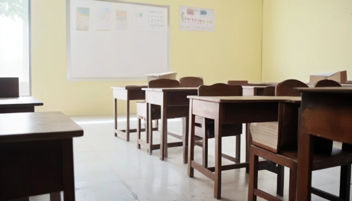 A simple elementary school classroom in the countryside, tense atmosphere, 1 student sitting at a desk, books and papers scattered, window with overgrown vines, dust motes in sunlight, muted color palette, moody lighting, (best quality,4k,8k,highres,masterpiece:1.2),ultra-detailed,(realistic,photorealistic,photo-realistic:1.37),dramatic lighting,cinematic composition,award winning photograph