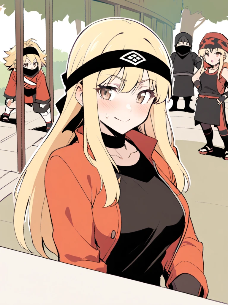 {{Upper part of the body}} {{Artist: sincos}} mature woman, straight hair, long hair, black and blonde hair, light brown eyes, black ninja bandana, red jacket, black fitted t-shirt, Gloves without fingers, bottom: ninja village