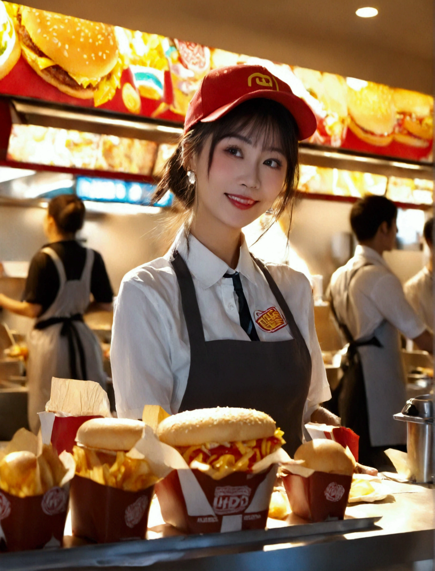 Beautiful McDonald's Employee:

In a striking red and yellow uniform, a radiant young woman stands, showcasing her radiant smile. Her skin is naturally glowing, highlighting her youthful charm. She adopts a poised pose, exuding confidence and warmth. This image is of the highest quality, a true masterpiece in digital art, worthy of being an NFSW 8K wallpaper. The details are astonishing, from the intricate patterns on her uniform to the individual strands of her wavy, honey-blond hair. The background is simple, allowing her to truly stand out. This is an Official art, meticulously crafted in Unity, showcasing an
